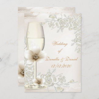 Wedding Cream Sepia Champagne Glass Flowers Invitation