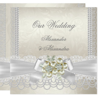 Wedding Cream White Pearl Lace Damask Diamond Card