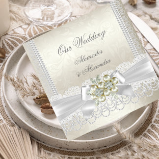 Wedding Cream White Pearl Lace Damask Diamond Invitation