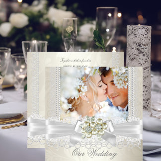 Wedding Cream White Pearl Lace Damask Diamond Pic Invitation