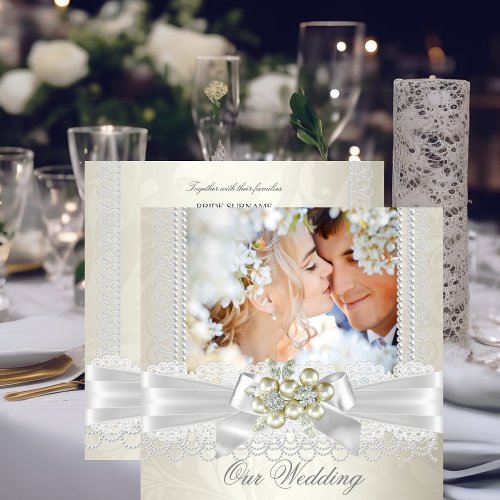 Wedding Cream White Pearl Lace Damask Diamond Pic Invitation