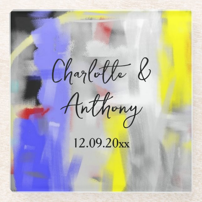 Wedding Creative Abstract Art Blue Yellow White Glass Coaster (Front)
