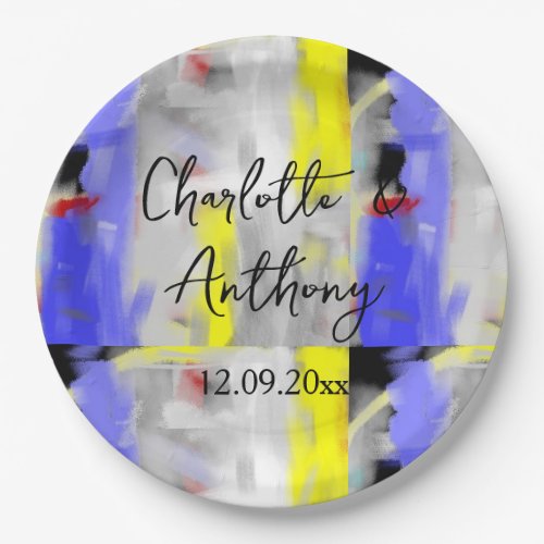 Wedding Creative Abstract Art Blue Yellow White Paper Plates