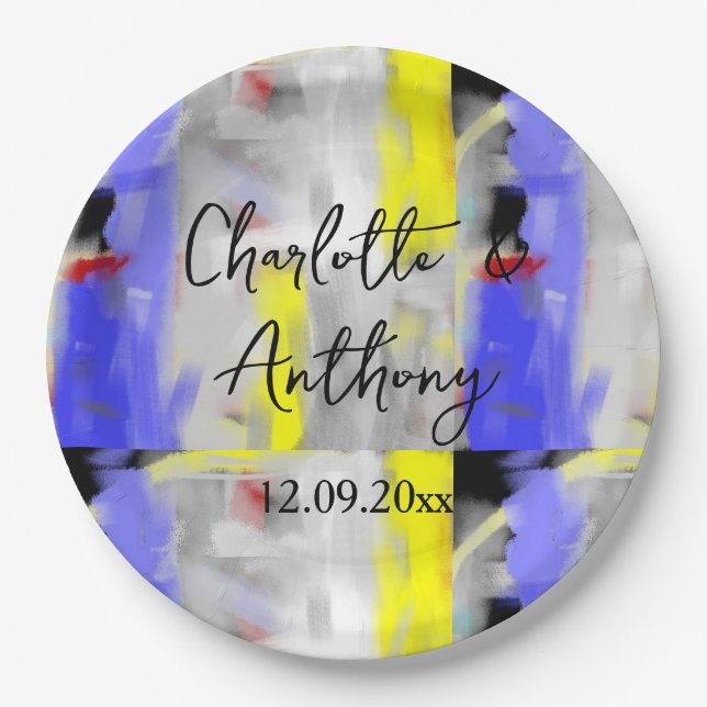 Wedding Creative Abstract Art Blue Yellow White Paper Plates (Front)
