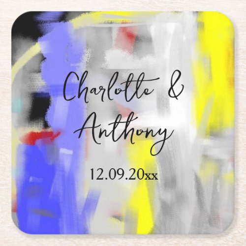 Wedding Creative Abstract Art Blue Yellow White Square Paper Coaster