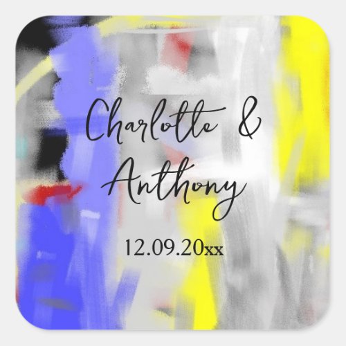 Wedding Creative Abstract Art Blue Yellow White Square Sticker