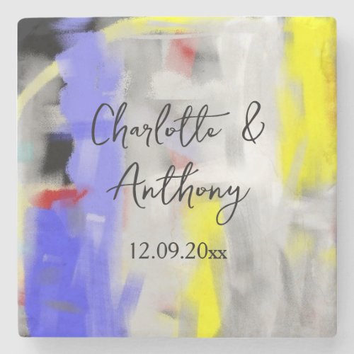 Wedding Creative Abstract Art Blue Yellow White Stone Coaster