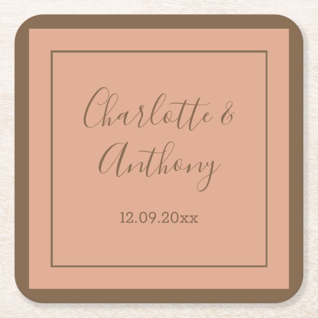 Wedding Creative Calligraphy Names Date Square Paper Coaster (Front)