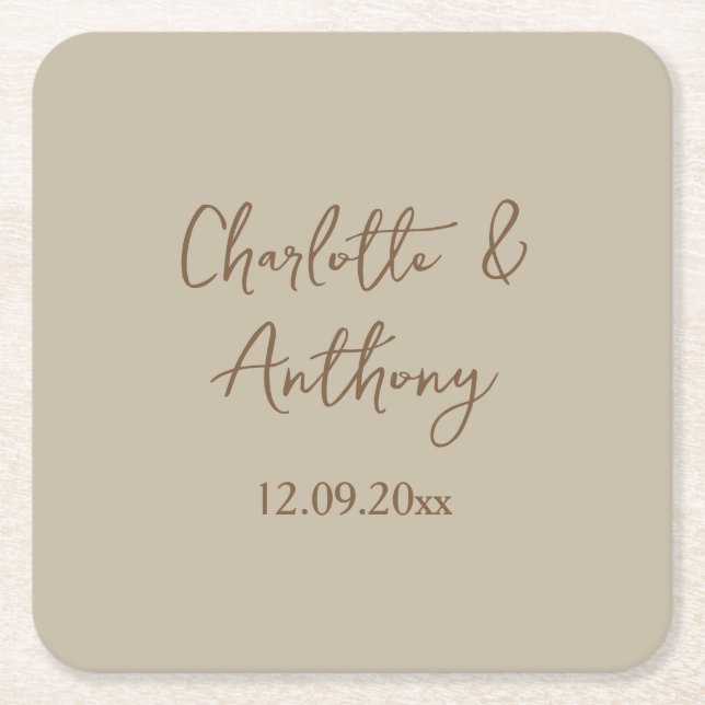 Wedding Creative Calligraphy Names Date Square Paper Coaster (Front)