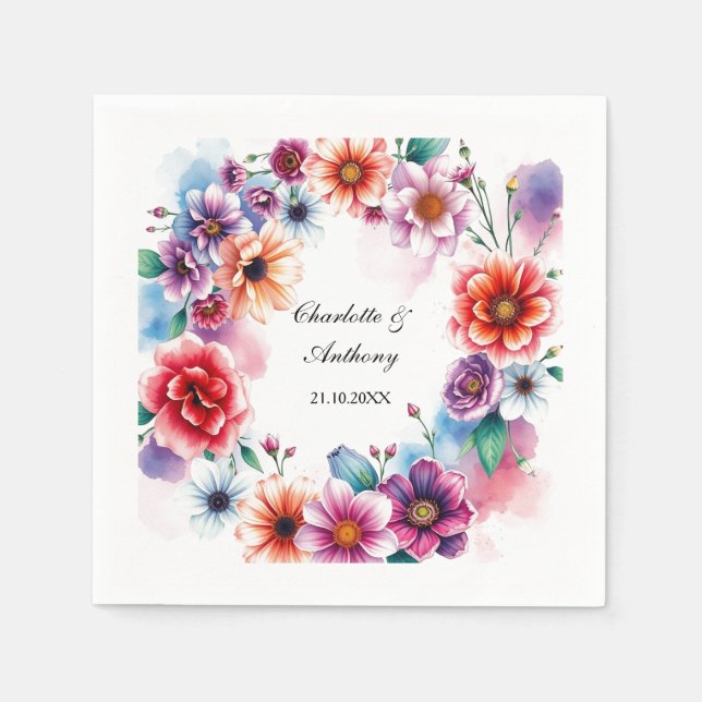 Wedding Creative Floral Names of Couple & Date Napkins (Front)