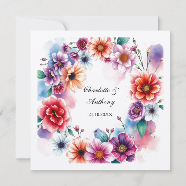 Wedding Creative Floral Names of Couple & Date Note Card (Front)
