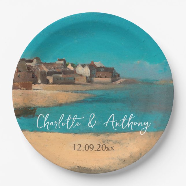 Wedding Creative Village Sea Sky Impressionist Paper Plates (Front)