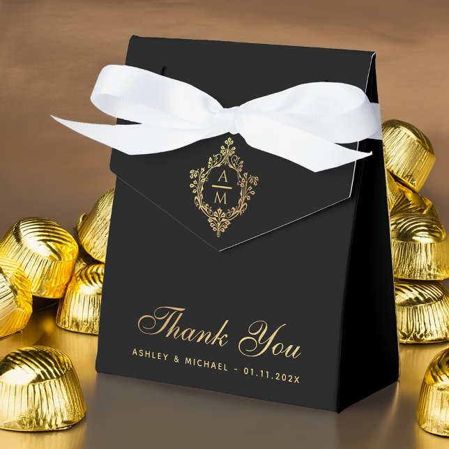 Wedding Crest Black Elegant Faux Gold Thank You  Favor Boxes (Creator Uploaded)