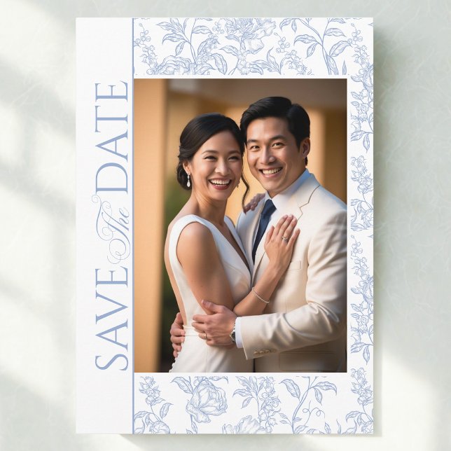 Wedding Crest Blue Chinoiserie Floral  Save The Date (Creator Uploaded)