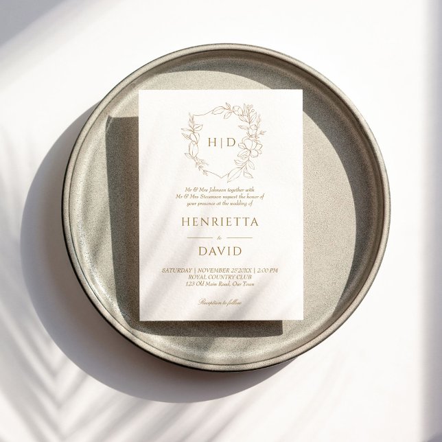 Wedding crest botanical gold simple elegant invitation (Wedding crest simple elegant botanical gold wedding invitation template instant download)