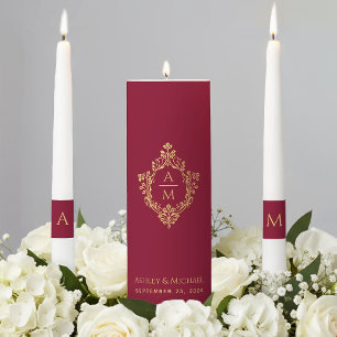 Wedding Crest Burgundy Faux Gold Elegant Monogram Unity Candle Set