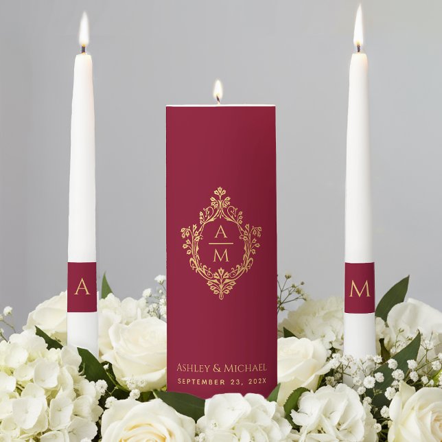 Wedding Crest Burgundy Faux Gold Elegant Monogram Unity Candle Set (Creator Uploaded)