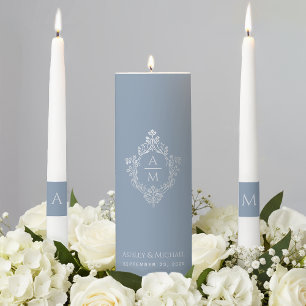 Wedding Crest Dusty Blue Silver Elegant Vintage Unity Candle Set