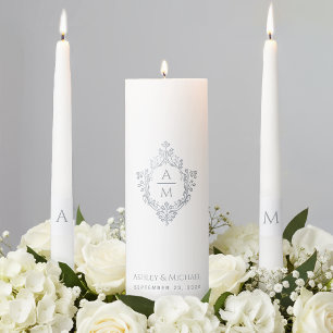 Wedding Crest Monogram Elegant Vintage Faux Silver Unity Candle Set