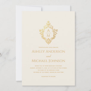 Wedding Crest Monogram Ivory Gold Elegant Vintage Invitation