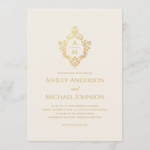 Wedding Crest Monogram Ivory Gold Elegant Vintage Invitation