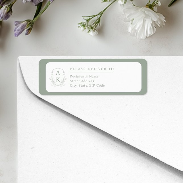 Wedding Crest Monogram Sage Green Return Address Label (Creator Uploaded)