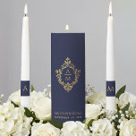 Wedding Crest Navy Blue Faux Gold Elegant Monogram Unity Candle Set