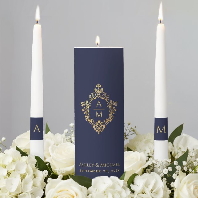 Wedding Crest Navy Blue Faux Gold Elegant Monogram Unity Candle Set (Creator Uploaded)