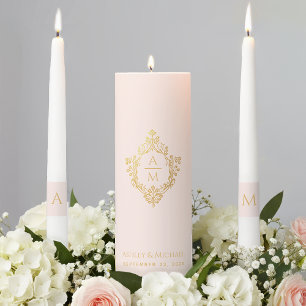 Wedding Crest Pink Gold Elegant Vintage Monogram Unity Candle Set