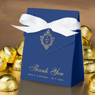 Wedding Crest Royal Blue Faux Gold Thank You  Favor Boxes