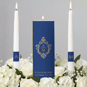 Wedding Crest Royal Blue Gold Vintage Monogram Unity Candle Set