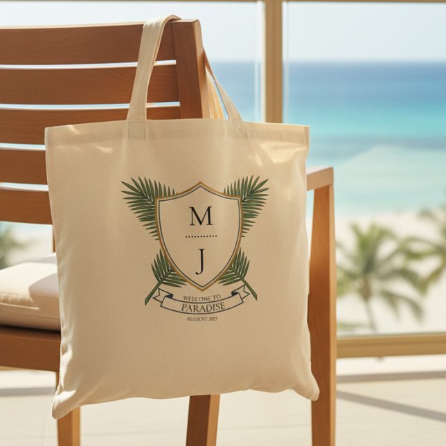 Wedding Crest Tropical Palm Leaf Resort Welcome Tote Bag (Destination BeachWedding hotel welcome bag. Bride and groom's preppy, tropical monogrammed crest)