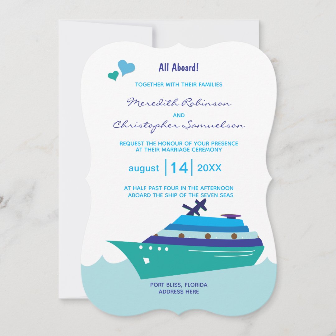 Wedding Cruise Ship All Aboard Blue Ship Hearts Invitation | Zazzle