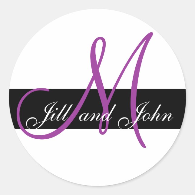 Wedding Custom Monogram Initial & Names Purple Classic Round Sticker (Front)