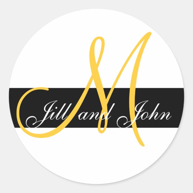 Wedding Custom Monogram Initial & Names Yellow Classic Round Sticker (Front)