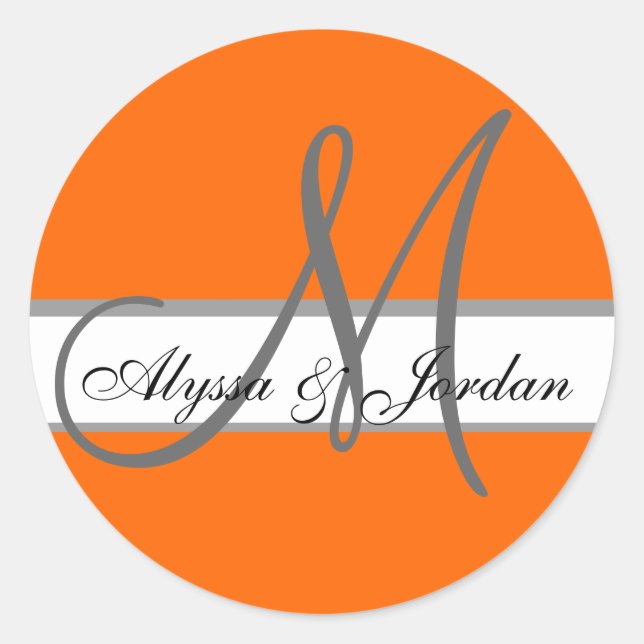 Wedding Custom Monogram & Names Orange & Grey Seal (Front)