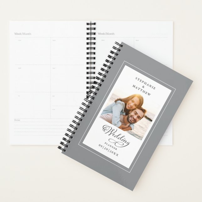 Wedding Custom Photo Gray White Elegant Script Planner (Display)