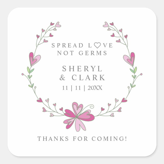 Wedding Custom Pink Floral Wreath Sanitizer Square Sticker (Front)