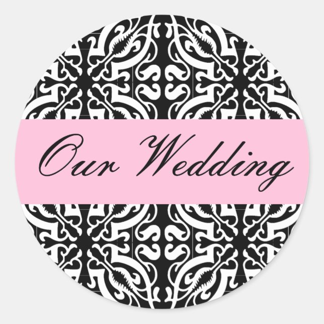 Wedding - Customizable (Black & White Damask) Classic Round Sticker (Front)