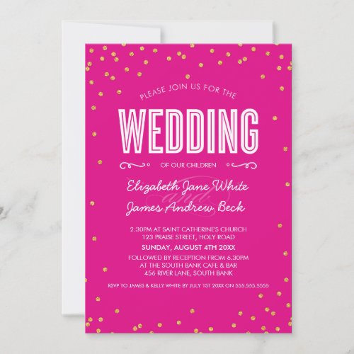 WEDDING cute gold glitter confetti hot bright pink Invitation