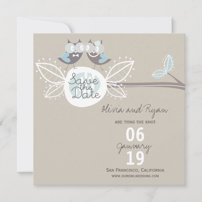 Wedding Cute Owls On Branch Photo Save The Date (Front)