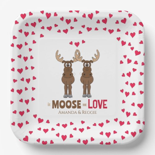 Wedding Cute Red Hearts Custom Whimsical Moose Paper Plates