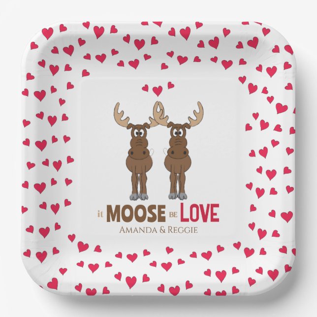 Wedding Cute Red Hearts Custom Whimsical Moose Paper Plates (Front)