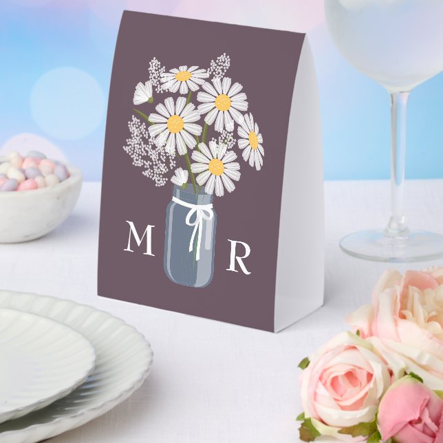 Wedding Daisies Mason Jar Monogram Initial Purple Paper Table Tent (Insitu(Wedding))