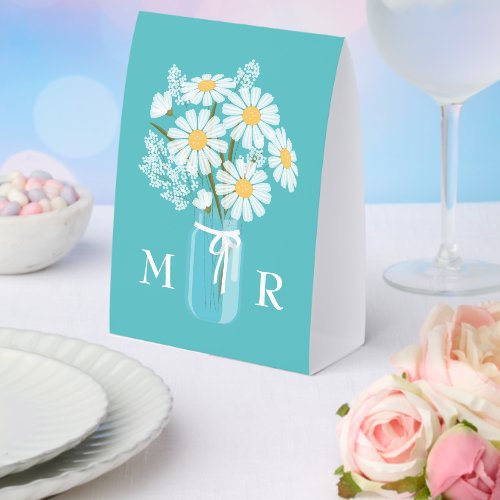 Wedding Daisies Mason Jar Monogram Initial Teal