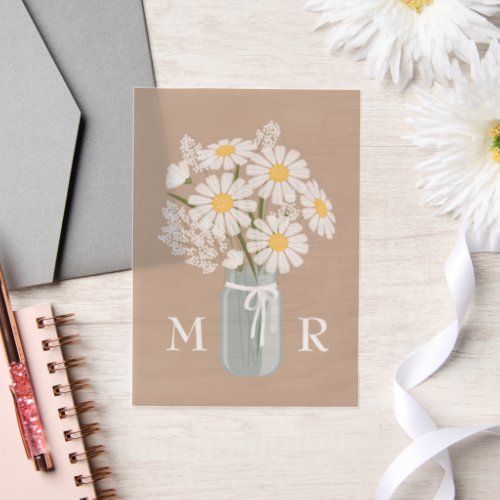 Wedding Daisies Mason Jar Monogram Initials Beige