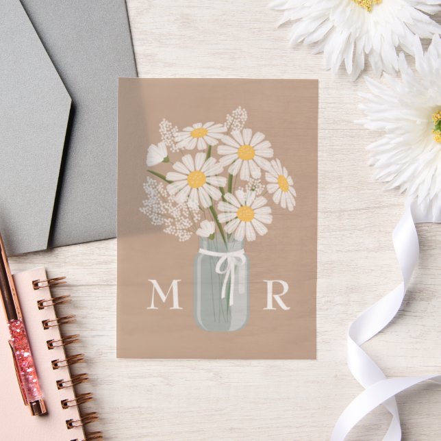 Wedding Daisies Mason Jar Monogram Initials Beige Vellum Invitations (Wedding)