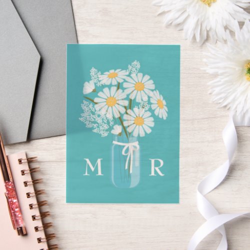 Wedding Daisies Mason Jar Monogram Initials Teal