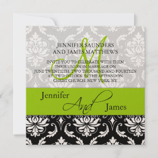 Wedding Damask Monogram Names Green Invitation