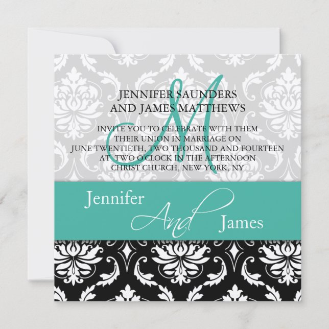 Wedding Damask Monogram Names Turquoise Invitation (Front)